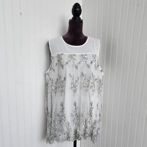 NWT Shannon Ford Top Women White Black Embroidered Tulle Top Blouse Sleveless 2X